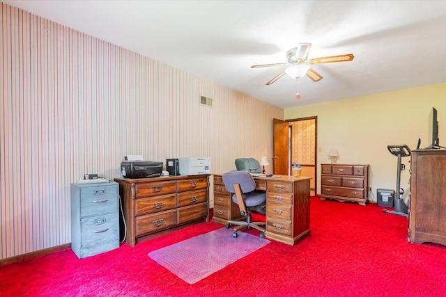 419 Circle Dr, Odell, IL 60460 - office area with carpet flooring, a ceiling fan, and wallpapered walls