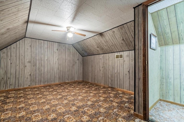 419 Circle Dr, Odell, IL 60460 - bonus room featuring wooden walls, lofted ceiling, and ceiling fan