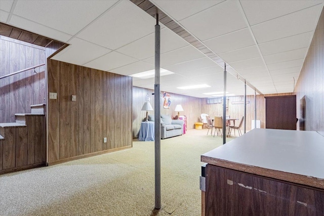 419 Circle Dr, Odell, IL 60460 - finished basement featuring wood walls, carpet flooring, stairs, and a paneled ceiling