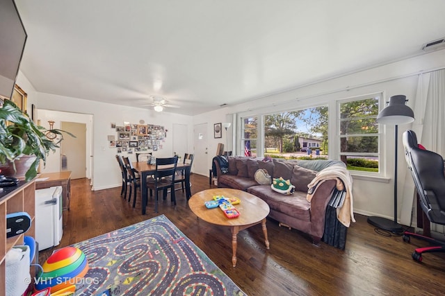 901 E Krage Dr, Addison, IL 60101 - living room featuring dark wood-style floors and a ceiling fan