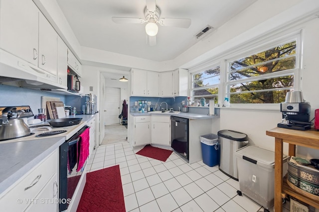 901 E Krage Dr, Addison, IL 60101 - kitchen with black appliances, light countertops, ceiling fan, white cabinetry, and light tile patterned floors