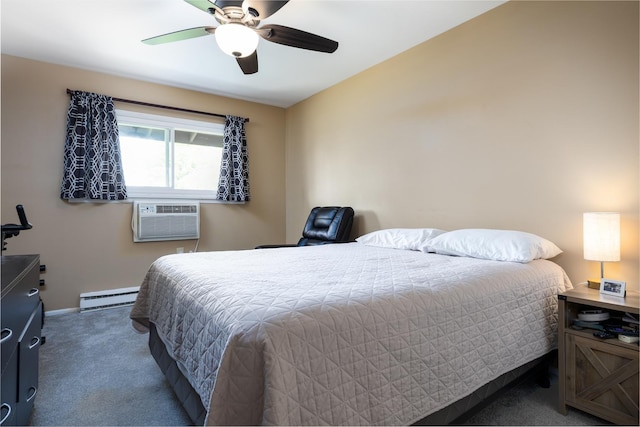 808 E Old Willow Rd Unit 208, Prospect Heights, IL 60070 - bedroom featuring a baseboard radiator, a wall unit AC, carpet flooring, baseboards, and ceiling fan