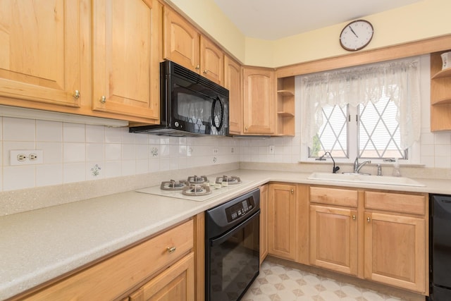 305 Denver Dr, Des Plaines, IL 60018 - kitchen with black appliances, open shelves, light countertops, and tasteful backsplash
