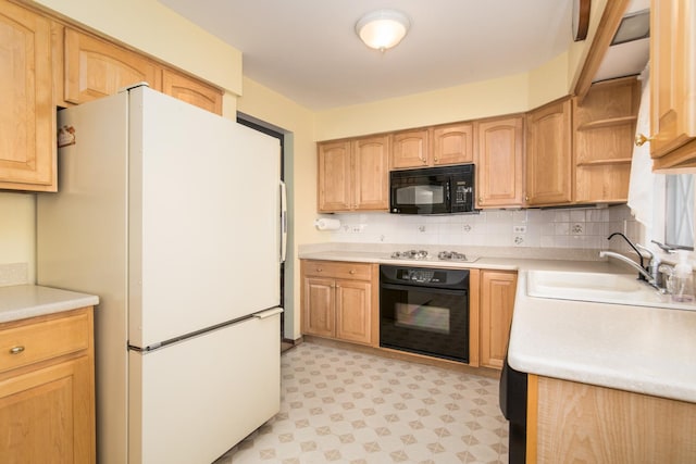 305 Denver Dr, Des Plaines, IL 60018 - kitchen with black appliances, light flooring, backsplash, light countertops, and open shelves