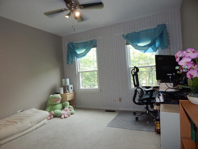 355 Wentworth Ln, Bartlett, IL 60103 - carpeted office space featuring a ceiling fan, wallpapered walls, and baseboards