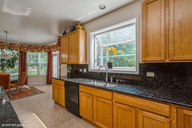 5436 Swan Cir, Hoffman Estates, IL 60192 - kitchen featuring dishwasher, backsplash, dark stone countertops, and brown cabinetry