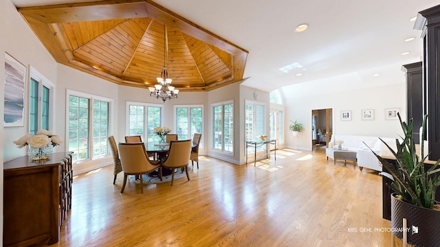 2515 Thurston Ct, Aurora, IL 60502 - dining area featuring a chandelier, wood ceiling, recessed lighting, light wood-type flooring, and vaulted ceiling