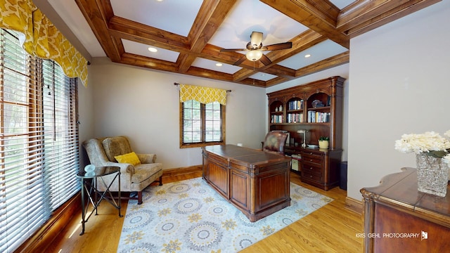 2515 Thurston Ct, Aurora, IL 60502 - office space featuring ceiling fan, beamed ceiling, light wood finished floors, and coffered ceiling