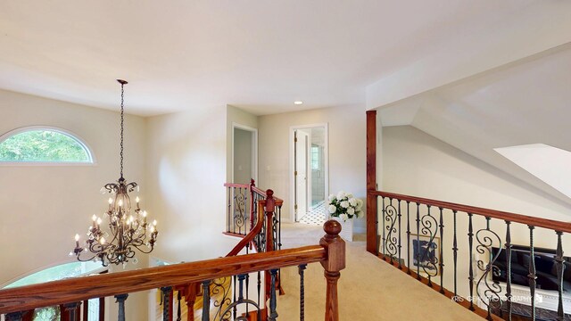 2515 Thurston Ct, Aurora, IL 60502 - corridor featuring an upstairs landing, a chandelier, carpet floors, and recessed lighting