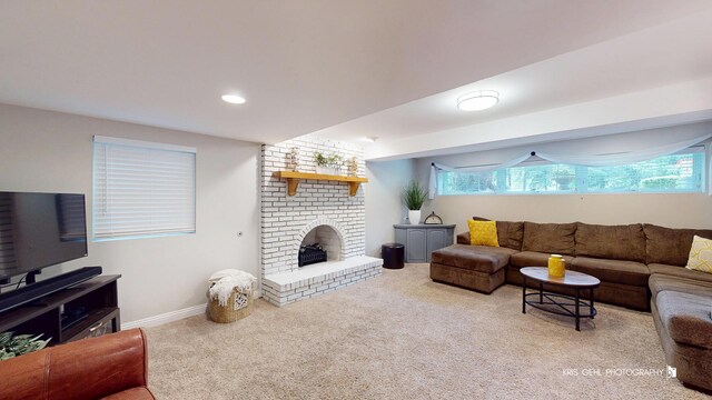 2515 Thurston Ct, Aurora, IL 60502 - living area featuring carpet flooring, a brick fireplace, and recessed lighting
