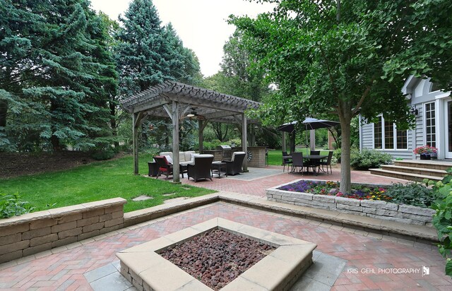 2515 Thurston Ct, Aurora, IL 60502 - view of patio / terrace featuring a pergola, an outdoor living space with a fire pit, and outdoor dining area