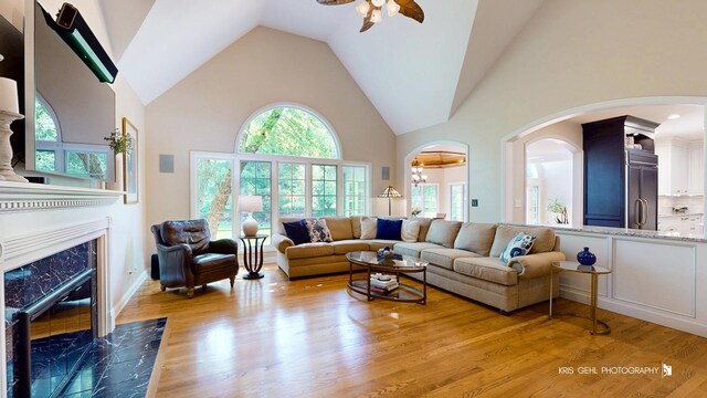 2515 Thurston Ct, Aurora, IL 60502 - living area featuring a ceiling fan, a high end fireplace, high vaulted ceiling, arched walkways, and light wood-style flooring