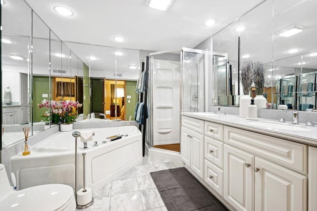 5055 N California Ave Unit 1S, Chicago, IL 60625 - full bath with a shower stall, double vanity, a bath, marble look tile flooring, and recessed lighting