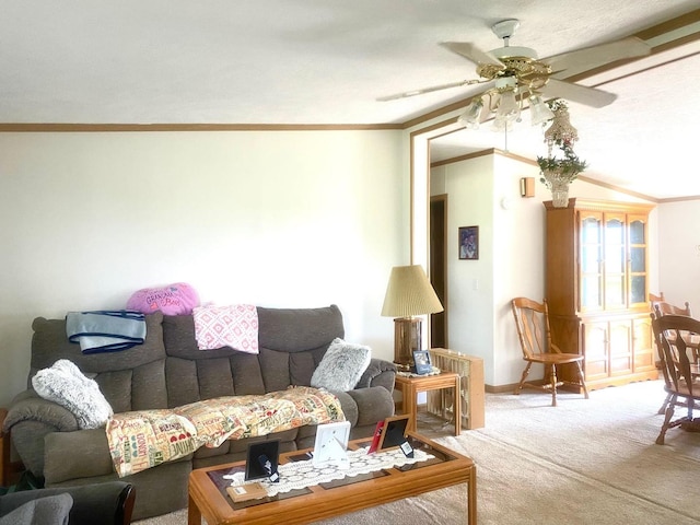 101 Crescent Dr, Watseka, IL 60970 - carpeted living room featuring ceiling fan, ornamental molding, and baseboards