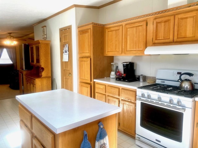 101 Crescent Dr, Watseka, IL 60970 - kitchen with white range with gas cooktop, extractor fan, a ceiling fan, light countertops, and a center island