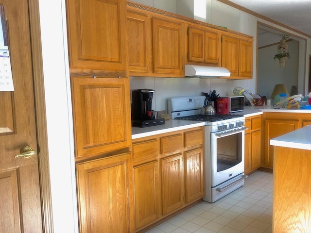 101 Crescent Dr, Watseka, IL 60970 - kitchen featuring white gas stove, custom range hood, light countertops, light tile patterned floors, and brown cabinetry