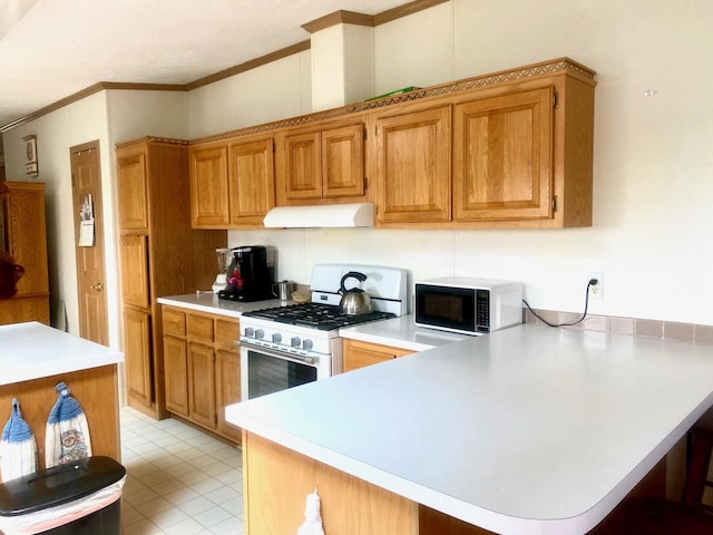 101 Crescent Dr, Watseka, IL 60970 - kitchen with black microwave, white gas stove, a peninsula, light countertops, and ornamental molding