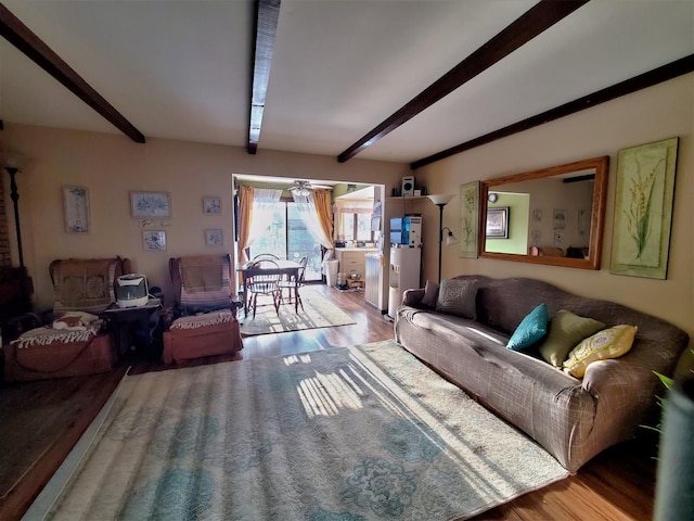 42W490 Kedeka Rd, Sugar Grove, IL 60554 - living room featuring wood finished floors, beamed ceiling, and a ceiling fan