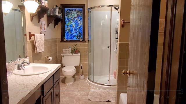 42W490 Kedeka Rd, Sugar Grove, IL 60554 - bathroom with a shower stall, vanity, tile patterned flooring, tile walls, and wainscoting