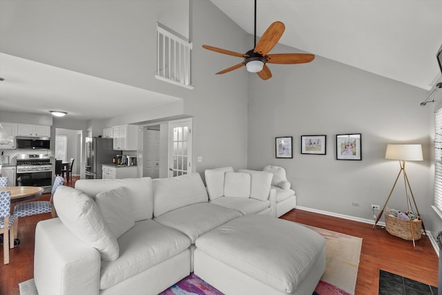 2003 Schumacher Dr, Naperville, IL 60540 - living room with high vaulted ceiling, ceiling fan, and dark wood-style flooring