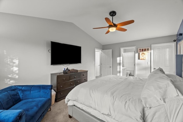 2003 Schumacher Dr, Naperville, IL 60540 - bedroom with light colored carpet, lofted ceiling, ensuite bathroom, and a ceiling fan
