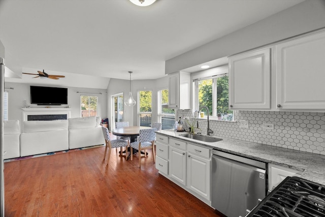 2003 Schumacher Dr, Naperville, IL 60540 - kitchen featuring dishwasher, ceiling fan, white cabinetry, tasteful backsplash, and dark wood-style flooring