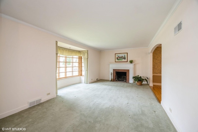 1707 N 78th Ave, Elmwood Park, IL 60707 - unfurnished living room featuring arched walkways, carpet floors, crown molding, and a fireplace