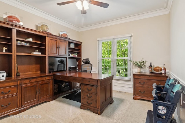 3136 Kewanee Ln, Naperville, IL 60564 - office space with crown molding, ceiling fan, wainscoting, carpet, and a decorative wall