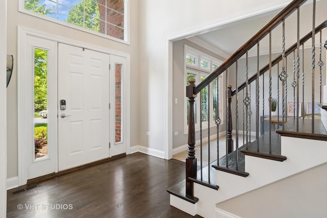 3136 Kewanee Ln, Naperville, IL 60564 - entrance foyer with plenty of natural light, dark wood-style flooring, a towering ceiling, and stairs