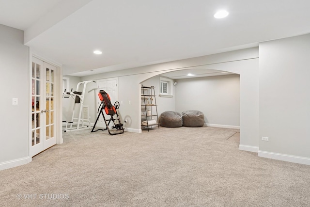 3136 Kewanee Ln, Naperville, IL 60564 - exercise room with arched walkways, carpet floors, recessed lighting, and french doors