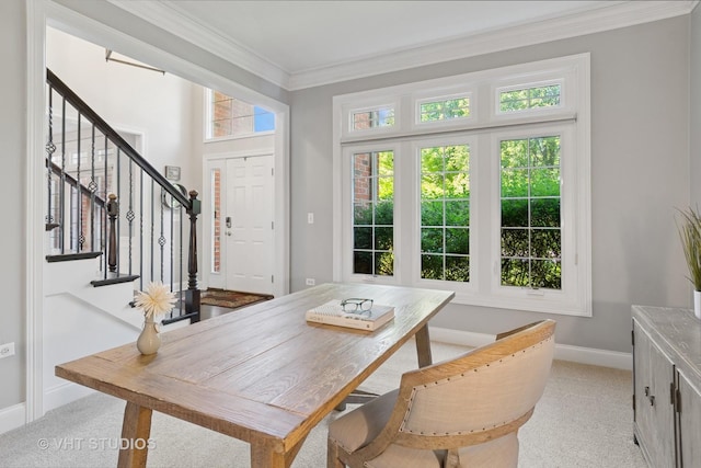 3136 Kewanee Ln, Naperville, IL 60564 - dining area featuring light carpet, stairs, and ornamental molding