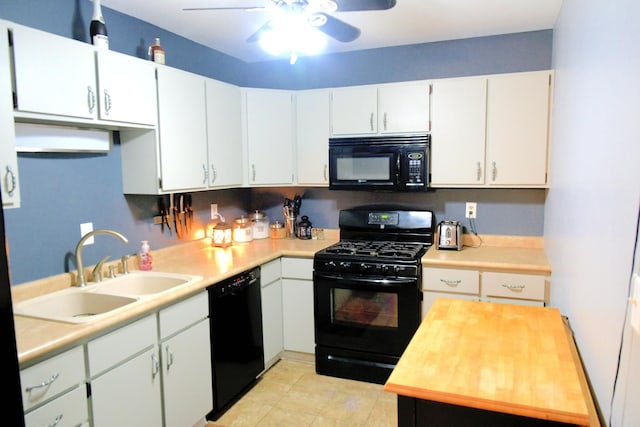 521 Coventry Ln Unit 16, Crystal Lake, IL 60014 - kitchen with black appliances, a sink, a ceiling fan, white cabinetry, and light tile patterned floors