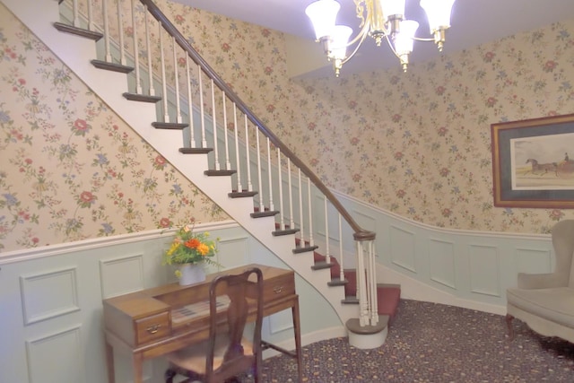 521 Coventry Ln Unit 16, Crystal Lake, IL 60014 - stairway featuring a chandelier, a wainscoted wall, and wallpapered walls