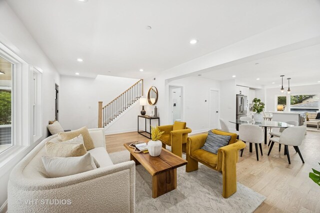 920 Hayes Ave, Oak Park, IL 60302 - living room with light wood-style floors, stairs, and recessed lighting