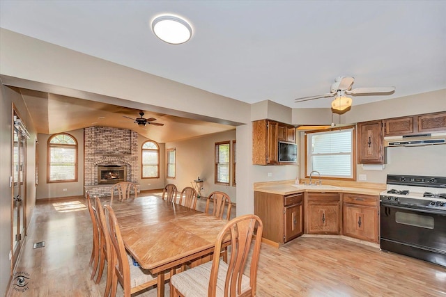 13706 W Cedarbend Dr, Homer Glen, IL 60491 - dining space featuring ceiling fan, light wood finished floors, lofted ceiling, and a brick fireplace