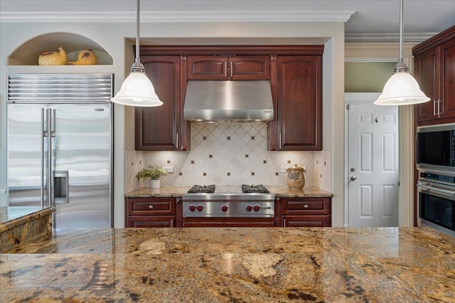 320 Vista Dr, Wilmette, IL 60091 - kitchen with built in appliances, under cabinet range hood, light stone countertops, backsplash, and crown molding