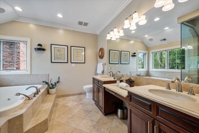 320 Vista Dr, Wilmette, IL 60091 - full bathroom with double vanity, lofted ceiling, a whirlpool tub, ornamental molding, and recessed lighting