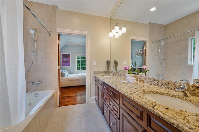 320 Vista Dr, Wilmette, IL 60091 - ensuite bathroom with tiled shower / bath combo, double vanity, tile patterned flooring, ornamental molding, and recessed lighting