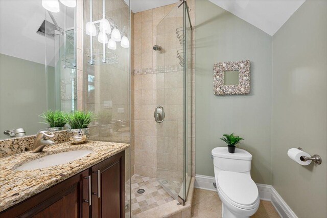 320 Vista Dr, Wilmette, IL 60091 - bathroom with a stall shower, vanity, tile patterned floors, and vaulted ceiling