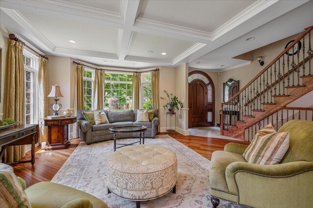 320 Vista Dr, Wilmette, IL 60091 - living room with wood finished floors, coffered ceiling, stairs, beam ceiling, and ornamental molding