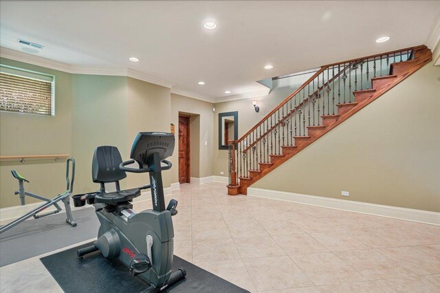 320 Vista Dr, Wilmette, IL 60091 - exercise room featuring recessed lighting, crown molding, and tile patterned floors