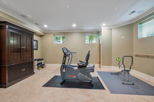 320 Vista Dr, Wilmette, IL 60091 - exercise area with ornamental molding, tile patterned floors, and recessed lighting