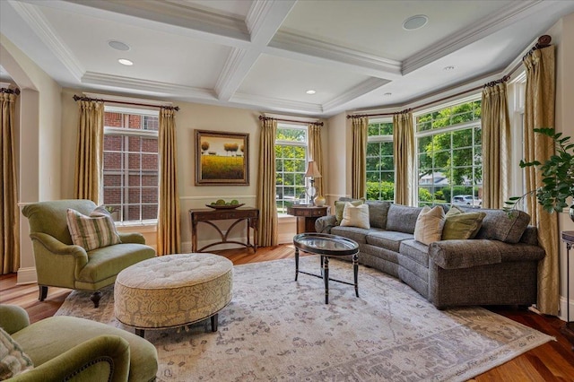 320 Vista Dr, Wilmette, IL 60091 - living room with coffered ceiling, ornamental molding, wood finished floors, and beam ceiling