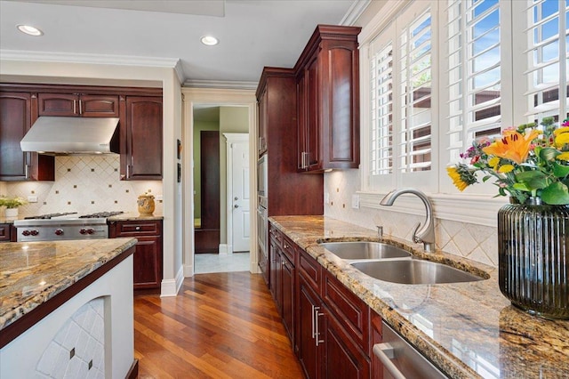 320 Vista Dr, Wilmette, IL 60091 - kitchen with under cabinet range hood, plenty of natural light, light stone counters, dark brown cabinets, and crown molding