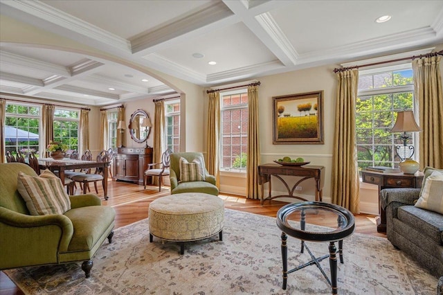 320 Vista Dr, Wilmette, IL 60091 - living area featuring coffered ceiling, ornamental molding, plenty of natural light, wood finished floors, and beam ceiling