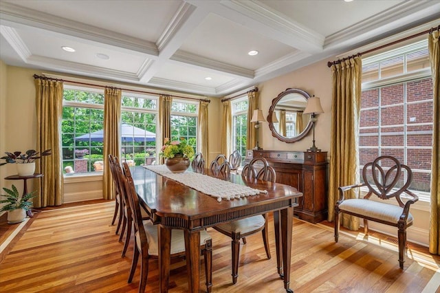320 Vista Dr, Wilmette, IL 60091 - dining space with light wood-type flooring, coffered ceiling, beam ceiling, and ornamental molding
