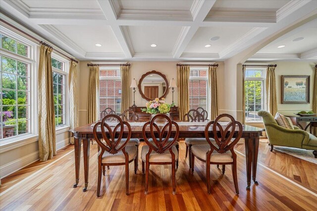320 Vista Dr, Wilmette, IL 60091 - dining space with coffered ceiling, healthy amount of natural light, light wood finished floors, beamed ceiling, and ornamental molding
