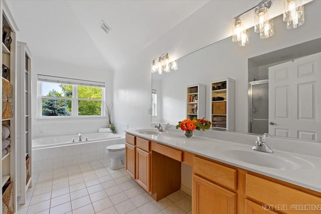 0S587 Grengs Ln, Geneva, IL 60134 - bathroom featuring tile patterned flooring, a shower stall, a garden tub, double vanity, and lofted ceiling