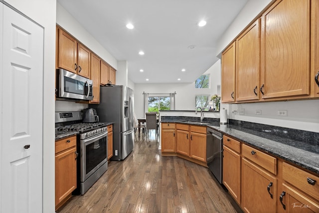 7015 Clearwater Dr Unit 7015, Plainfield, IL 60586 - kitchen with stainless steel appliances, dark wood-style floors, dark stone countertops, a peninsula, and recessed lighting
