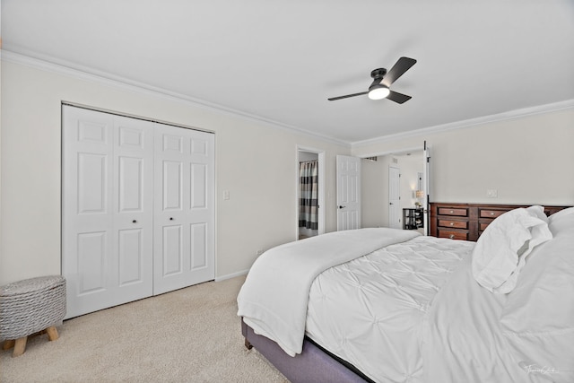 7015 Clearwater Dr Unit 7015, Plainfield, IL 60586 - carpeted bedroom featuring ornamental molding, a ceiling fan, and a closet
